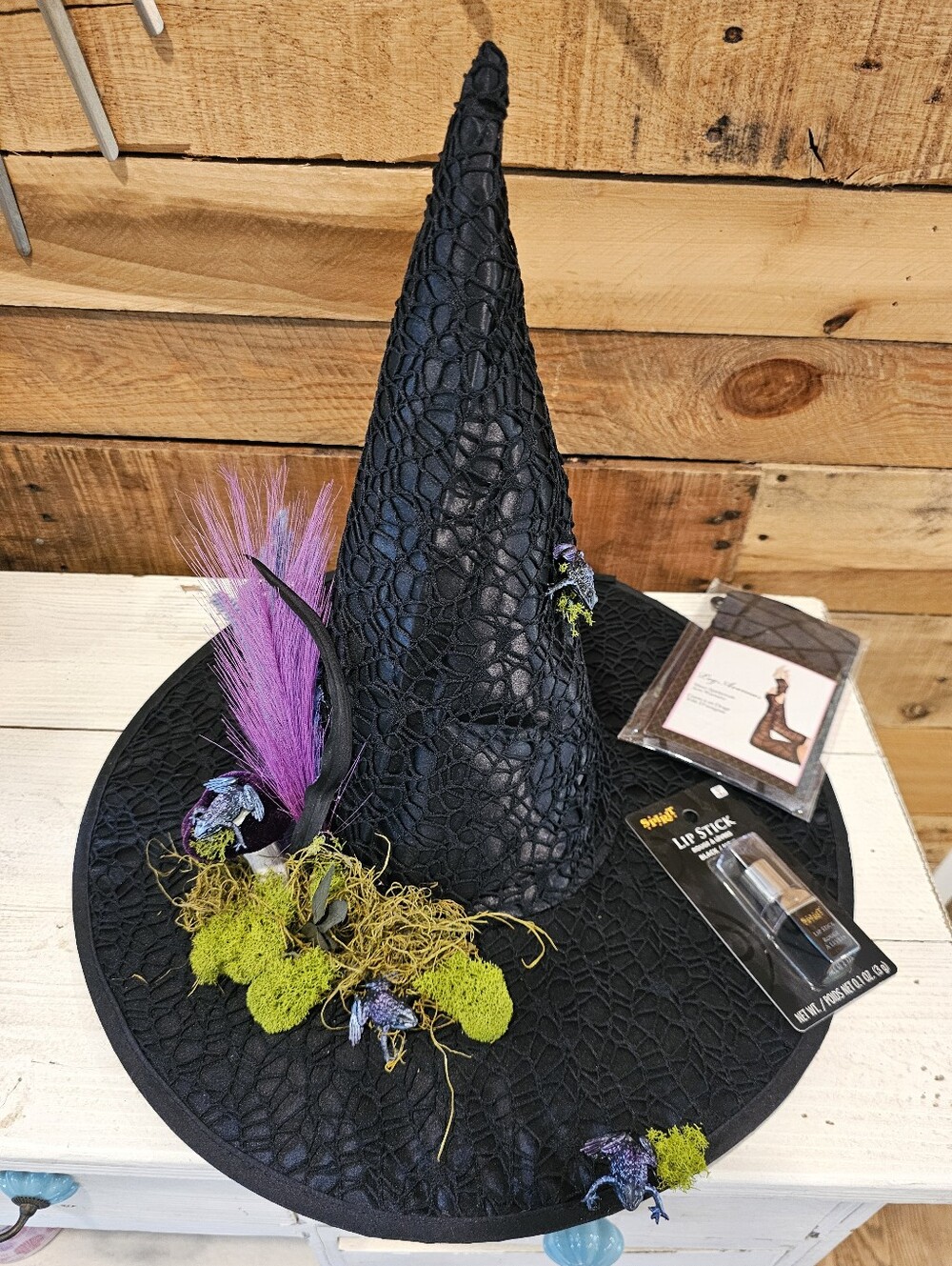 Custom Black Cobweb Lace Witch Hat w/Frogs & Moss, Black Lipstick & Arm Warmers - Picture 3 of 15